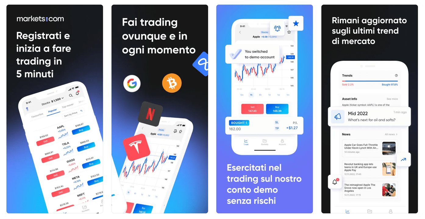 Schermate dell'app di Markets.com
