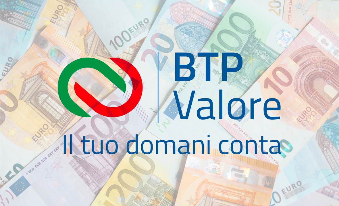 Sfondo di banconote con in rilievo il logo di BTP Valore