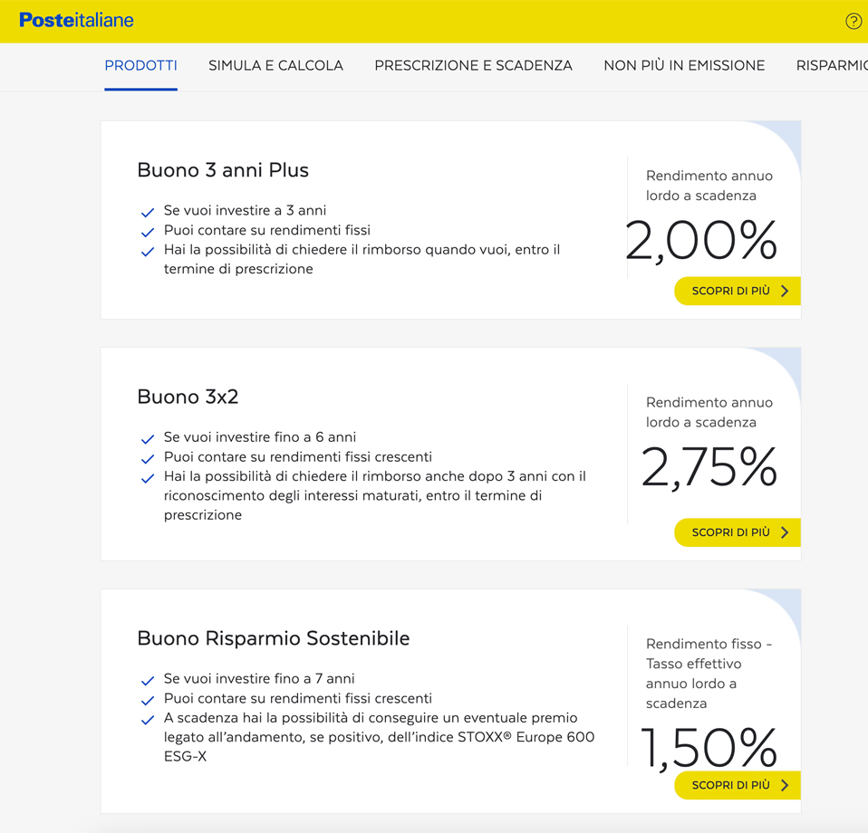 3 esempi dei buoni fruttiferi postali del 2%, 2,75% e 1,50%