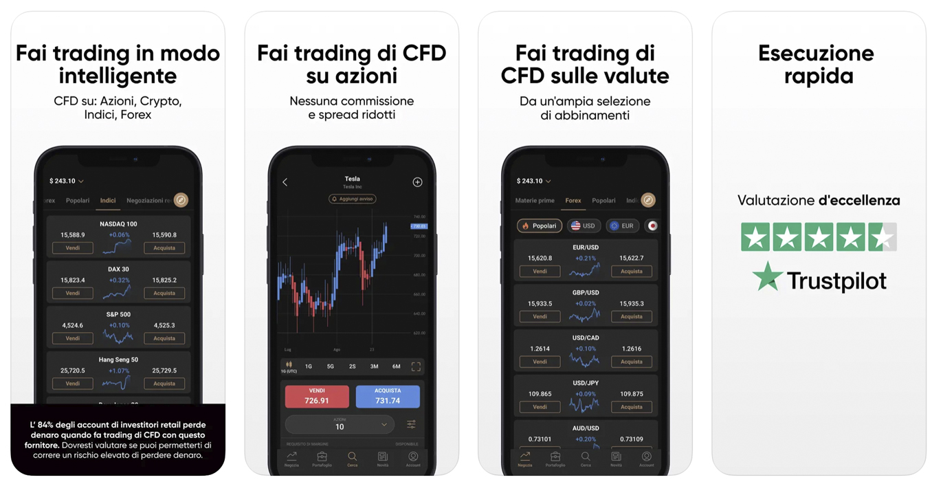 Schermate dell'app di Capital.com presenti sull'app store