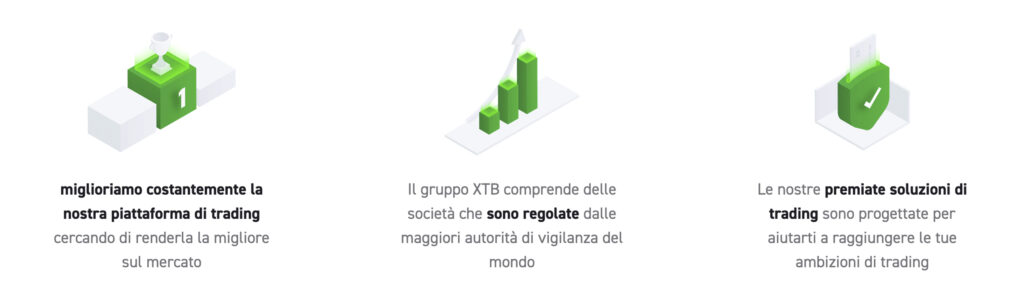 Caratteristiche di XTB: Piattaforma sempre aggiornata; società regolata dalle maggiori autorità; soluzioni di trading premiate