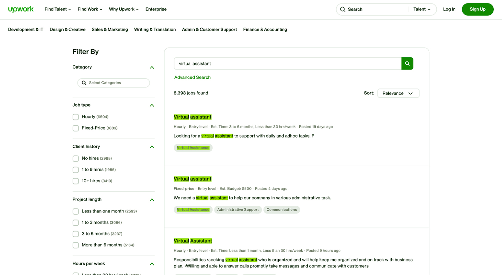 Offerte di lavoro per assistente virtuale su Upwork