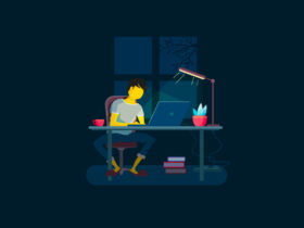 Illustrazione di un ragazzo che sta lavorando di notte alla scrivania