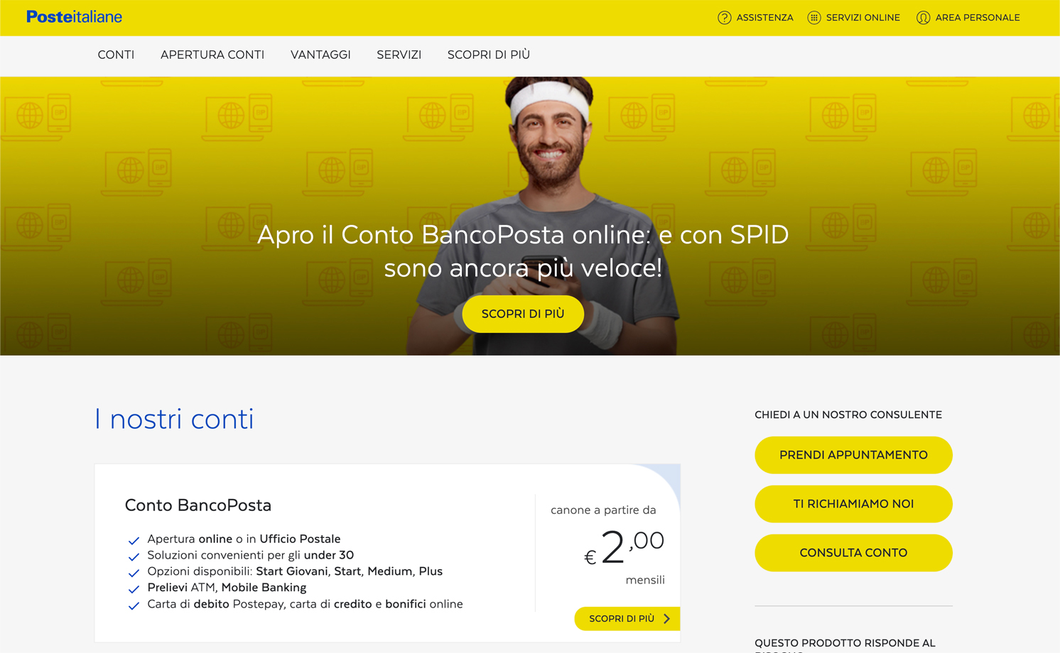 Homepage del conto bancoposta di Poste Italiane