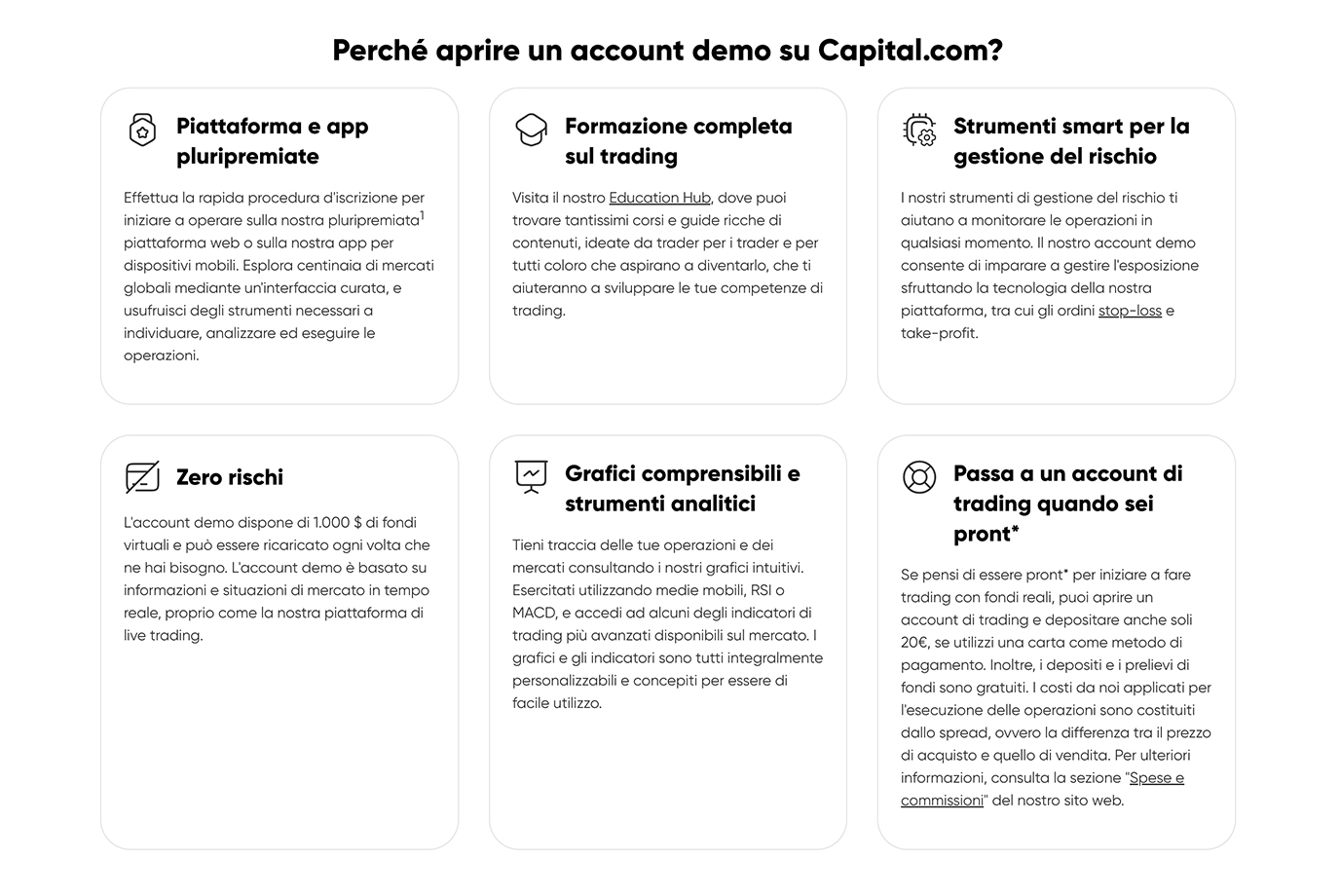 Box con 6 motivi sul perché aprire un conto demo su Capital.com