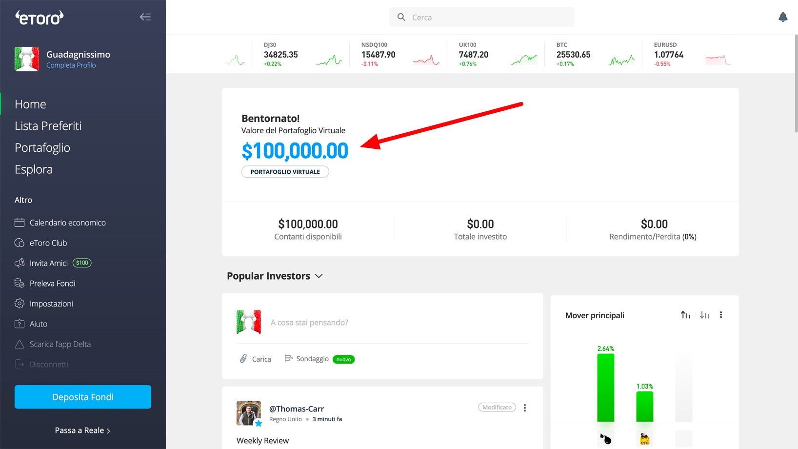 Il mio account DEMO su eToro