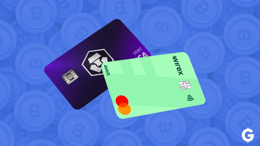 Due carte di debito crypto, una Wirex e una Crypto.com, su sfondo di monete Bitcoin.