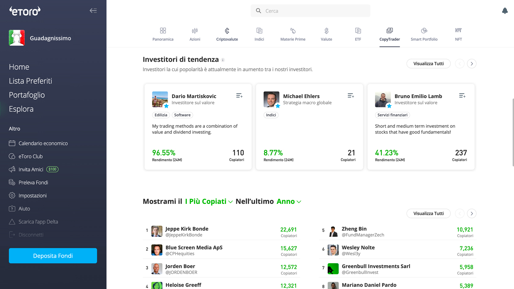 Dashboard copy trading su eToro