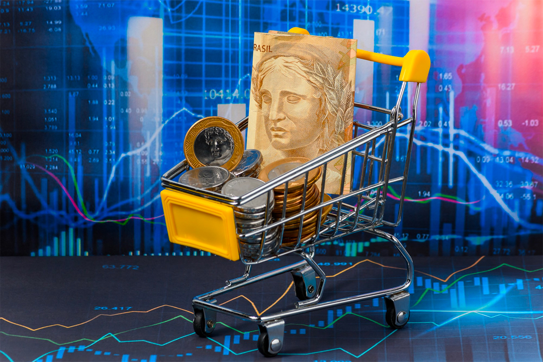 Rappresentazione astratta di un carrello della spesa con sopra una statua e delle monete