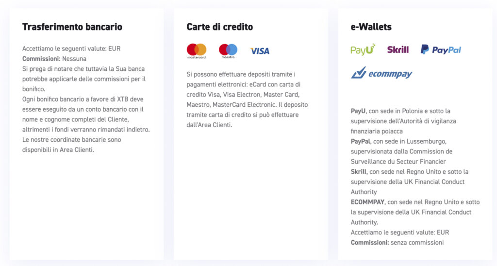 Metodi di deposito e prelievo disponibili su XTB: Trasferimento bancario; carte di credito; e-Wallets,; PayPal; Skrill