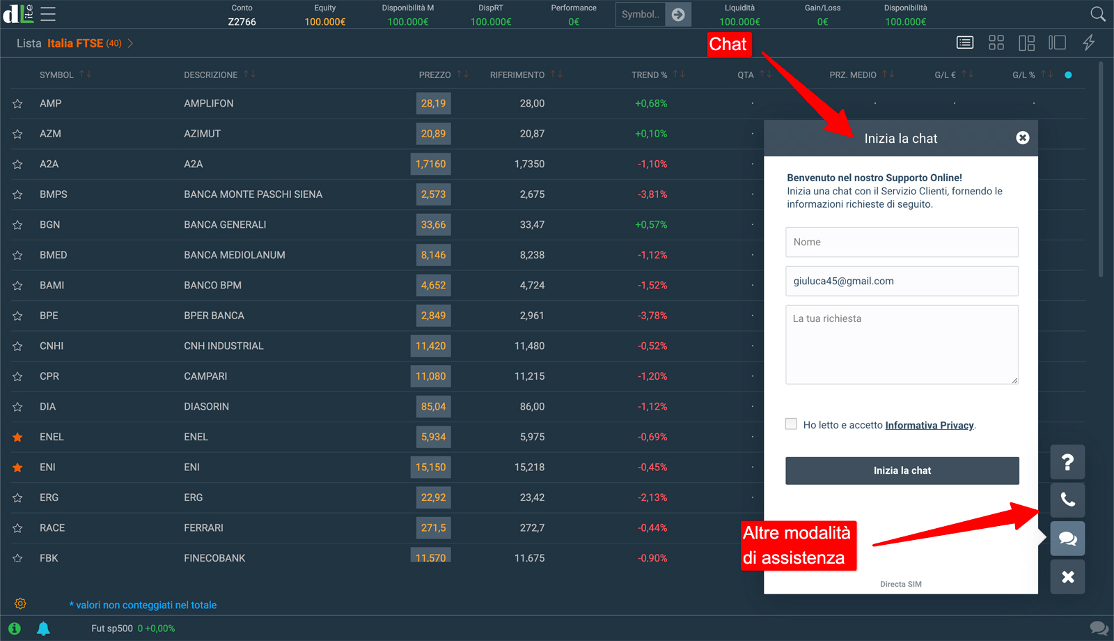 Come richiedere assistenza dalla dashboard della piattaforma web di Directa dedicata al trading