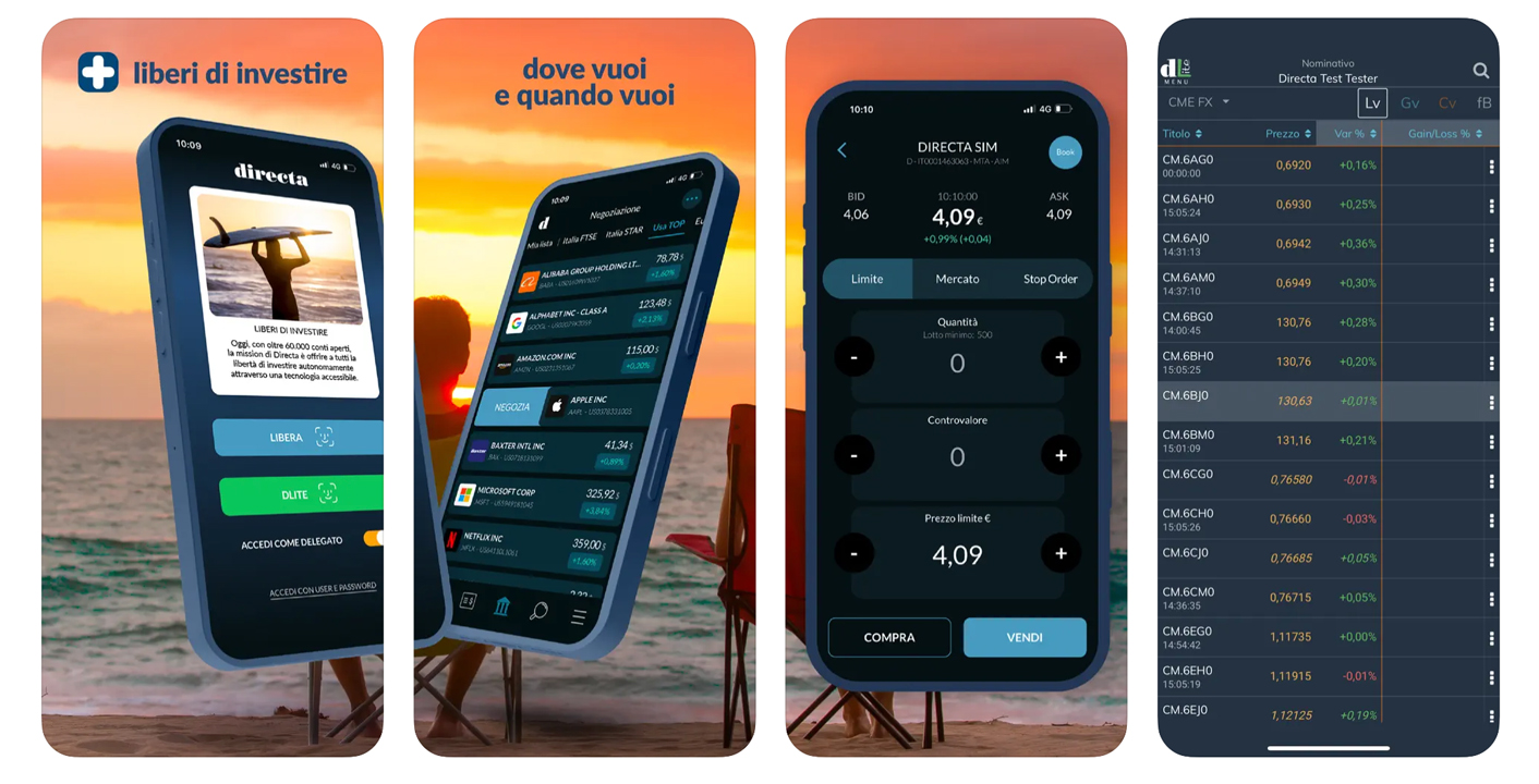 Screenshot delle schermate dell'app di Directa dell'app store