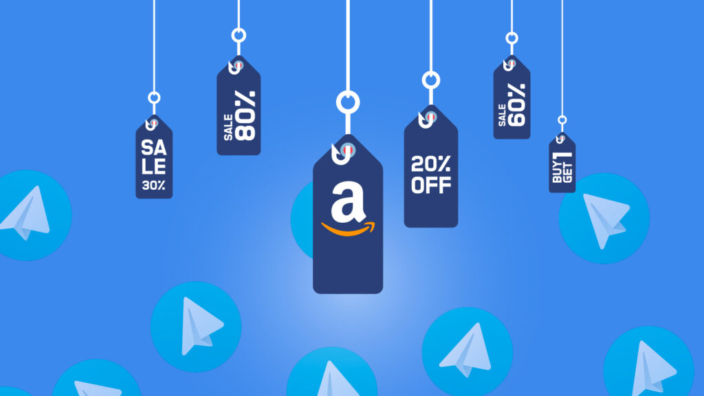 Targhette appese con percentuali di sconto e logo Amazon al centro con tanti loghi di Telegram in basso