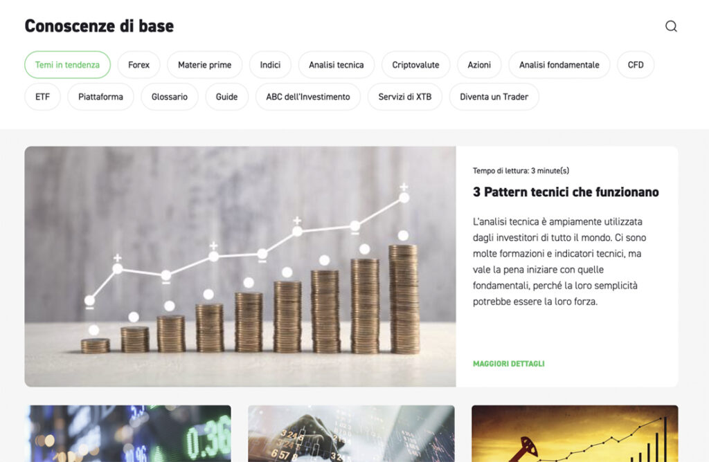 Screenshot della sezione apprendimento di XTB con alcuni articoli in primo piano
