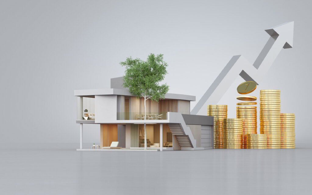 Rappresentazione grafica di una casa e del denaro associati a un grafico rialzista per far capire la possibilità di ottenere ottimi rendimento nell'investire 50000 euro in immobili
