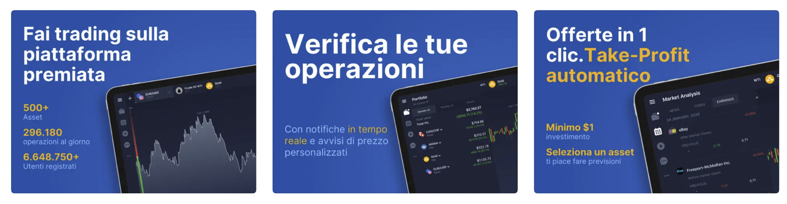 Screenshot delle varie schermate di IQ Option presenti sull'app store