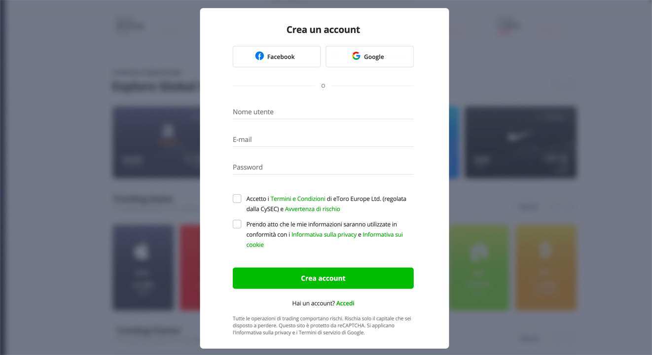 eToro Recensioni: popup di registrazione