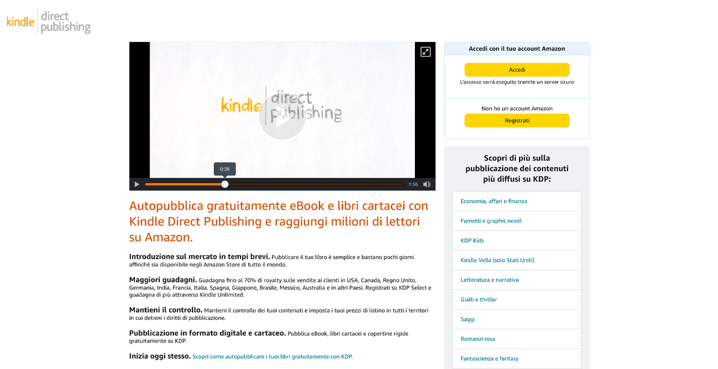 Homepage di Amazon KDP