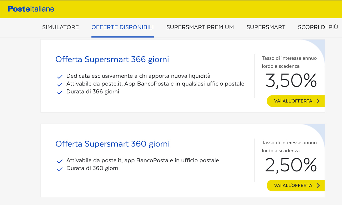 Esempi di libretti postali disponibili con tassi del 3,50% e 2,50%