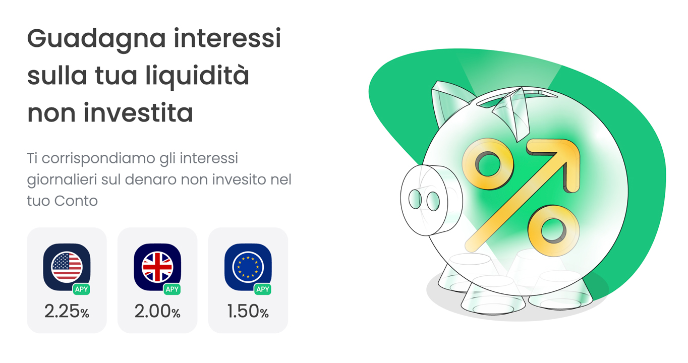 Box dedicato alla promozione degli interessi su Trading 212 con titolo: Guadagna interessi sulla tua liquidità non investita