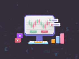 Rappresentazione 3D di una piattaforma di trading con tanti simboli delle valute sullo sfondo