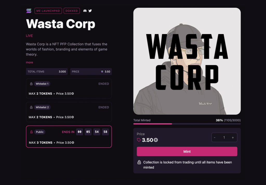 Fase di minting di una collezione NFT chiamata "Wasta Corp" sulla piattaforma MagicEden