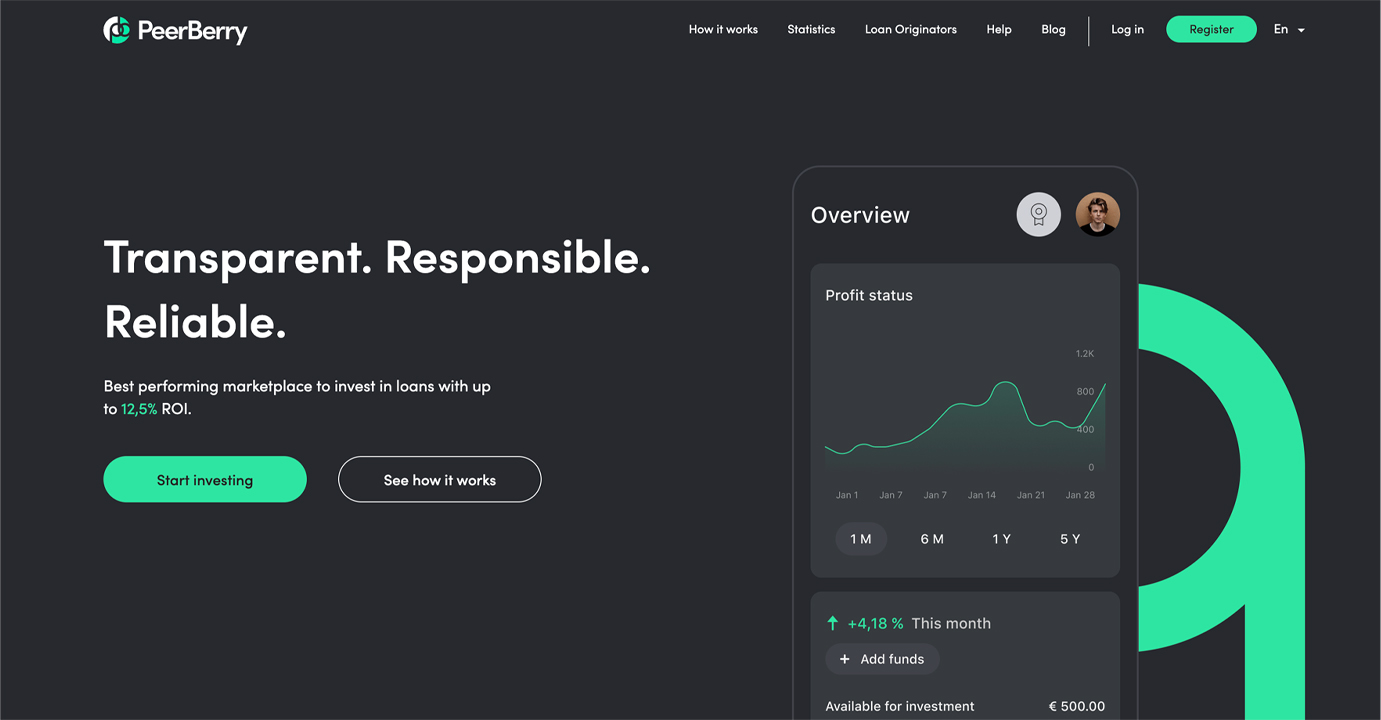 Schermata della homepage di PeerBerry, una piattaforma di P2P Lending