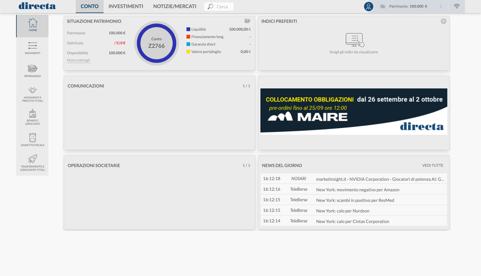 Dashboard della piattaforma web di Directa dedicata agli investimentia