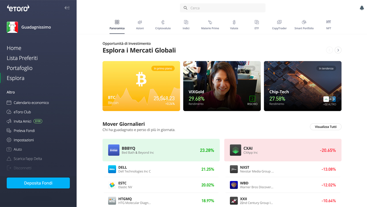 Dashboard della piattaforma eToro
