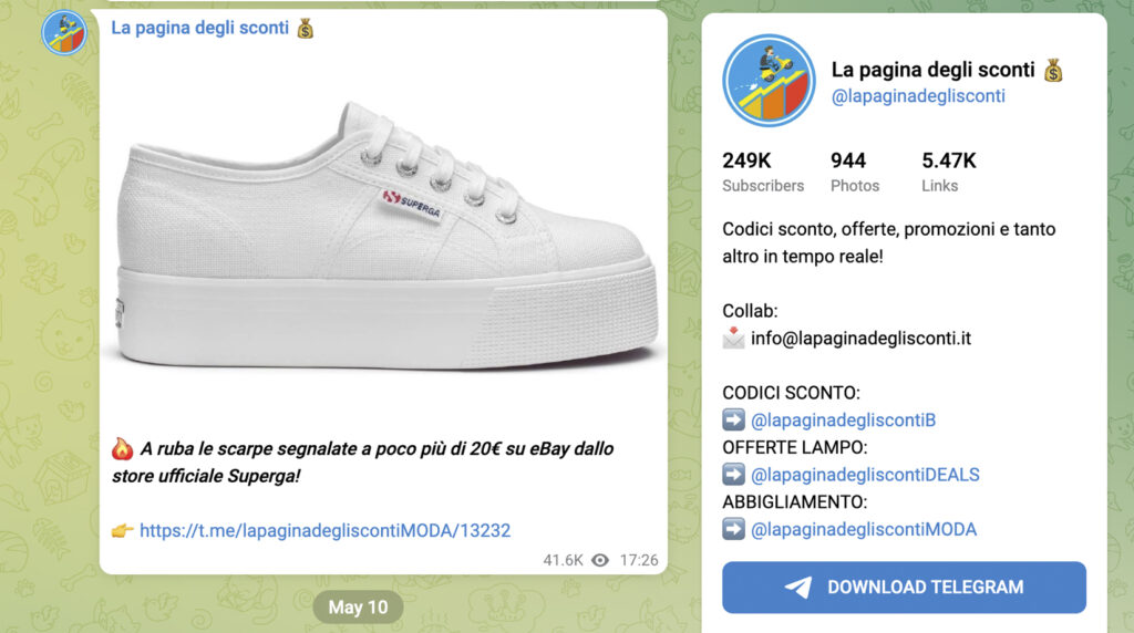 Canale telegram "La pagina degli sconti" che pubblicizza un altro canale telegram