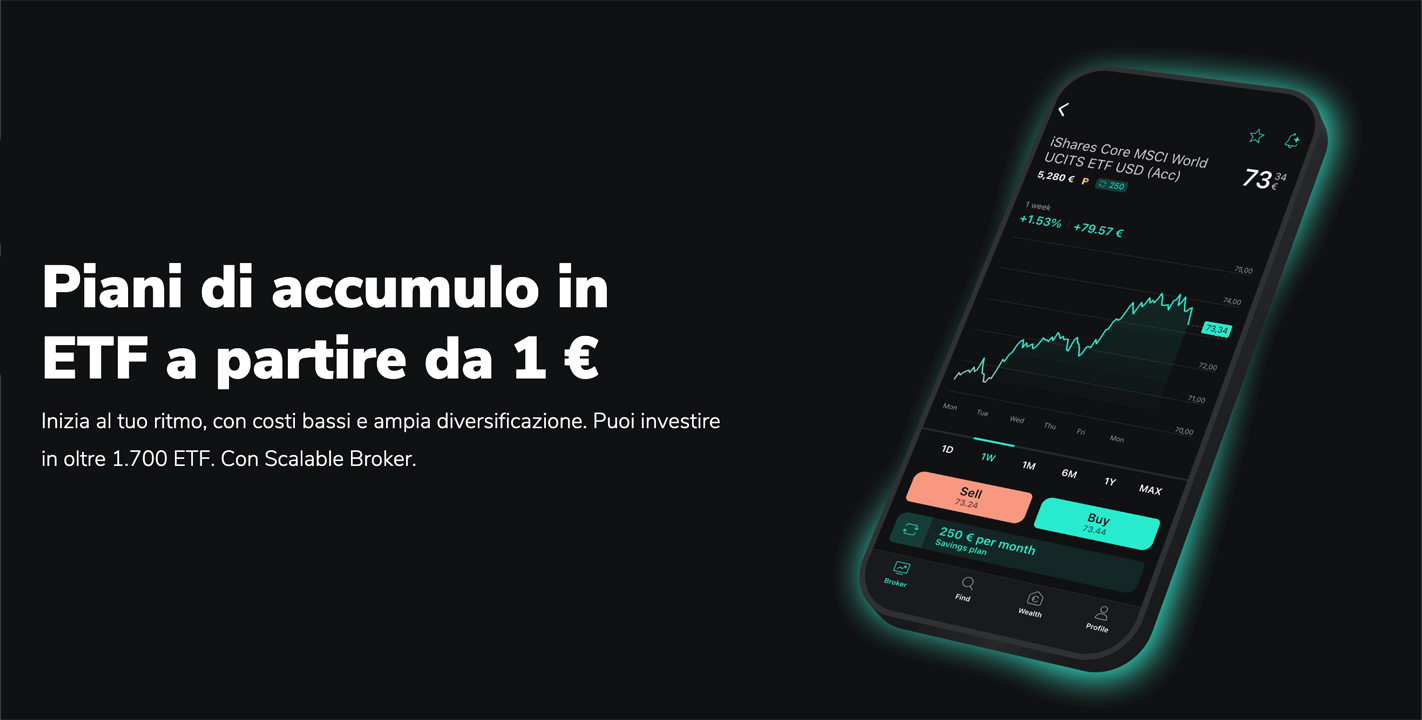 Hero della pagina dedicata ai PAC di Scalable Capital con titolo: Piani di Accumulo in ETF a partire da 1€