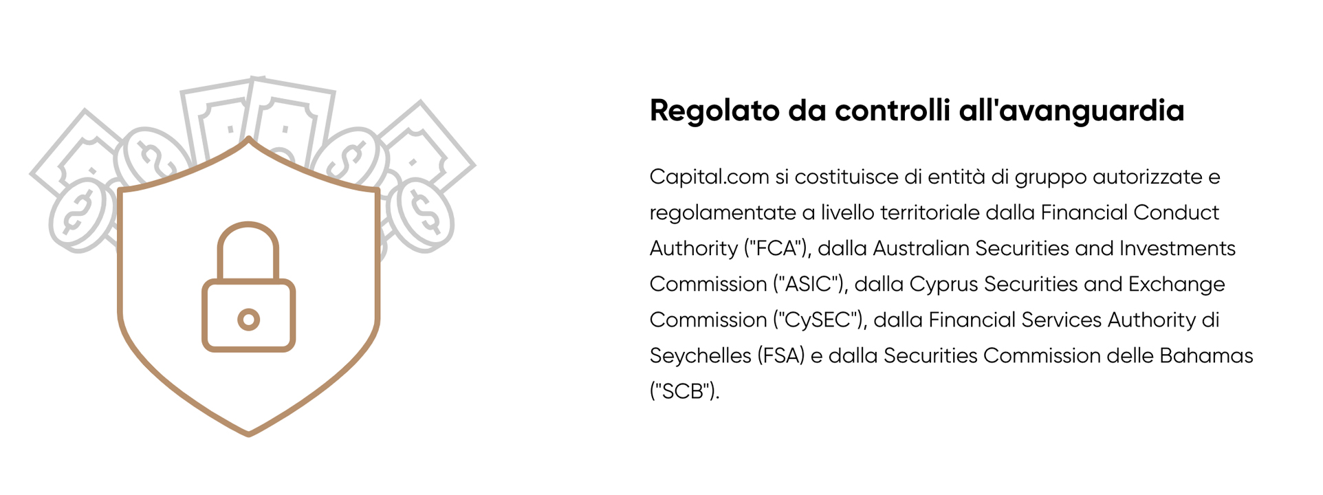 Box che parla della sicurezza di Capital.com con titolo: Regolato da controlli all'avanguardia