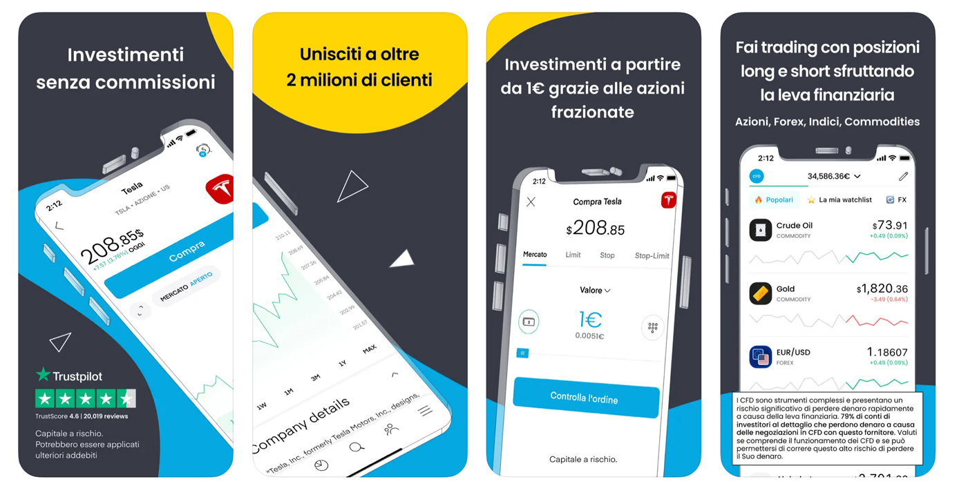 Screenshot delle schermate dell'app di Trading 212 dell'app sgtore