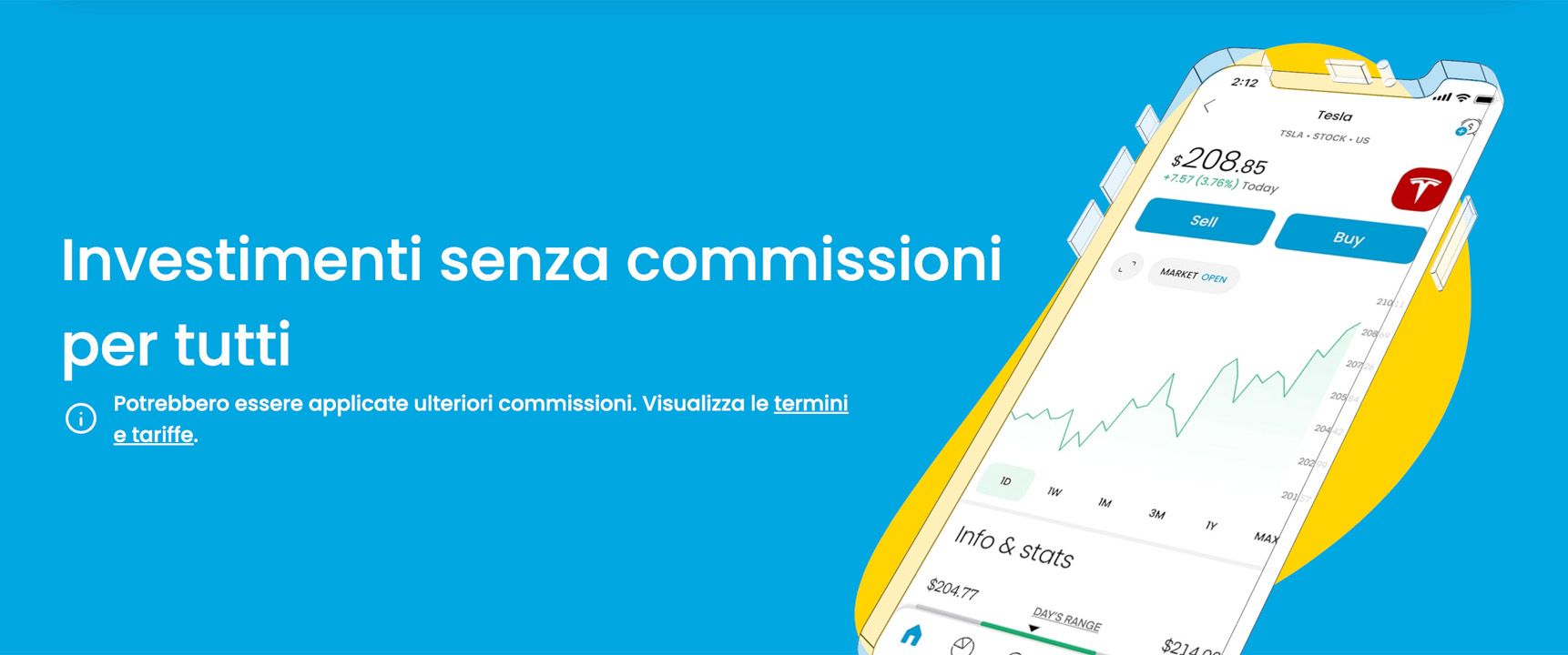 Hero della homepage di Trading 212 con titolo: investimenti senza commissioni per tutti