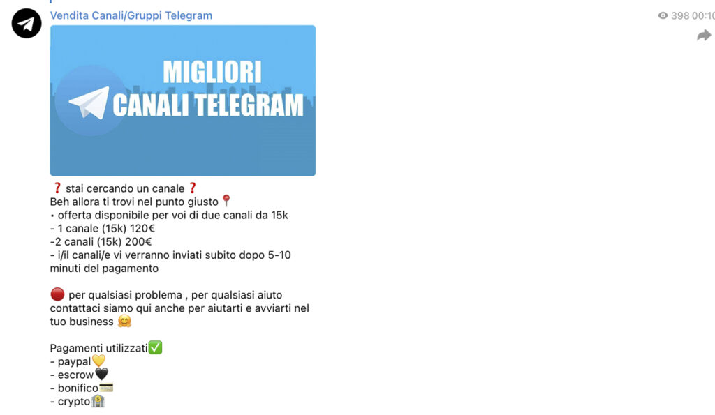 Messaggio su un gruppo telegram dove si mettono in vendita due canali con 15k follower