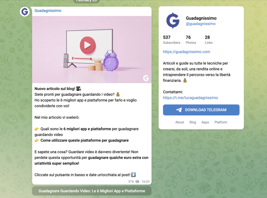 Piccola anteprima del canale telegram di Guadagnissimo