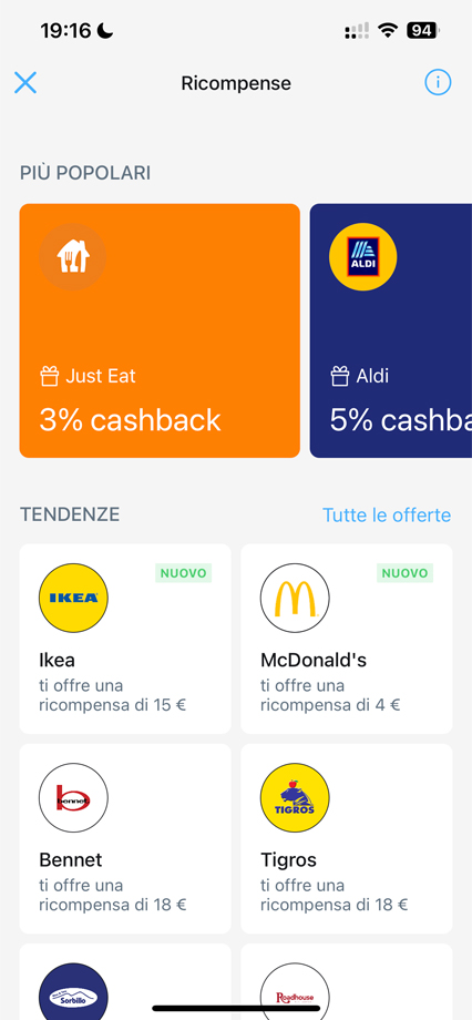 Sezione cashback dell'app in cui sono presenti diversi brand partner: Just Eat, Ikea, Mc Donalds