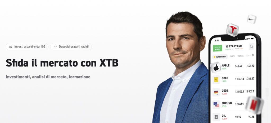 Hero di XTB con Casillias come ambasciatore. Il titolo della hero è "Sfida il mercato con XTB"